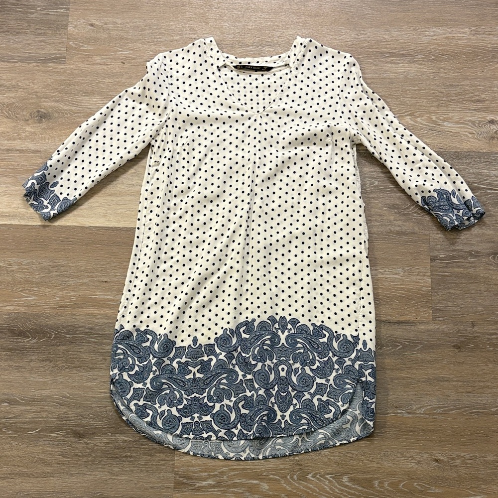 Zara Cream and Blue Long Sleeve Dress